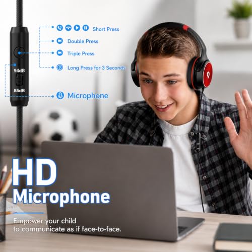 ADOOPE Kids Headphones with Safe 85dB/94dB Volume Limiter for Teen and Boys, Foldable HD Stereo Sound Headset for Kindle Kids/fire Tablet/iPad/Laptop, Headphones with Microphone (Black-red) - color: Black Red