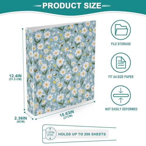 Mini Bee Daisy 3 Ring Binder 1.5 Inch Binder with Clipboard PVC Pockets Fits 8.5 x 11 Inch Paper Holds 200 Sheets for School and Office Supplies