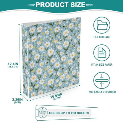 Mini Bee Daisy 3 Ring Binder 1.5 Inch Binder with Clipboard PVC Pockets Fits 8.5 x 11 Inch Paper Holds 200 Sheets for School and Office Supplies