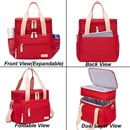 Weitars Lunch Bag for Women, Loncheras Para Mujer Waterproof Reusable Large Dual Compartment Lunch Box Wide-Open Cooler Tote Bag For Nurse Office Working Picnic Hiking (15L) (Red) - color: Red