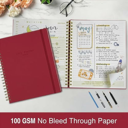 AuroPlanner Undated Daily Planner Notebook 8.5x11 Hourly Schedule Red | office & student planning, 180 pages 100 GSM cream white paper hardcover spiral bound notebook, 2026-2028 reference calendar - color: Red