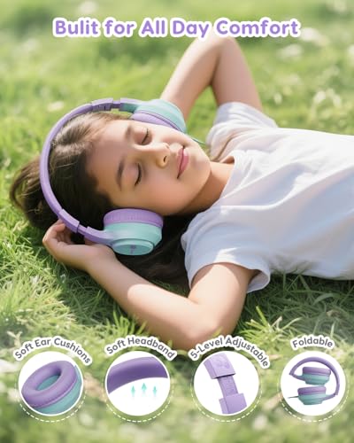 awatrue USB-C Kids Headphones, 74/85/94dB Volume Limiter, Foldable Wired Over Ear Headphones for Travel, Toddler Headphones for School, Travel, iPad, Tablet, Purple Green - color: USB-C Green‌ Purple