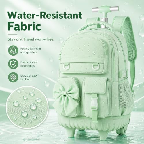 HPJGD 3PCS Girls Rolling School Backpack, Green Bow Tie Wheeled Backpacks, Water-Resistant Roller Bookbag Set - color: Green Bowknot Rolling Backpack Set
