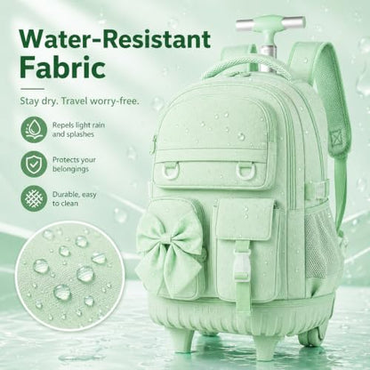 HPJGD 3PCS Girls Rolling School Backpack, Green Bow Tie Wheeled Backpacks, Water-Resistant Roller Bookbag Set - color: Green Bowknot Rolling Backpack Set