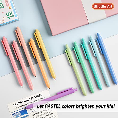 Shuttle Art Ballpoint Pens, 15 Pack Pastel Retractable Black Ink Ball Point Pens, Cute Pens 1.0mm Medium Point Quick Drying for Writing Journaling Taking Notes School Office Home - color: Pastel Barrel--15 Black Ink