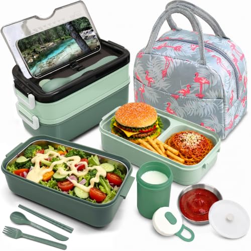 2-Tier Bento Lunch Box for Women & Adults with Insulated Lunch Bag | 50 OZ Large Capacity Bento Box with BPA-Free Utensils & Cup & Sauce Container, Leakproof, Microwave Safe for Work & Meal Prep - color: Green