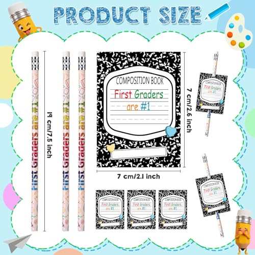 Tenceur 24 Set/48 Pcs Back to School 1st Graders Pencils and Cards Set, First Grade Motivational Wooden Pencil with Erasers, Composition Book Greeting Note for Student Classroom Reward Gift - style: 1st Graders