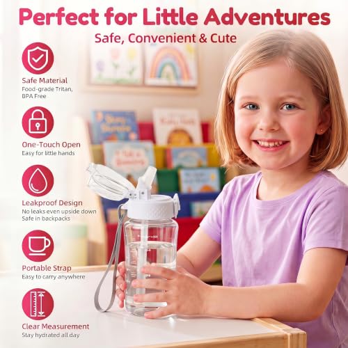 OLDLEY Kids Water Bottle for School, 12 oz (2 lids) BPA-Free Reusable Leak-proof Durable Tritan Plastic Water Bottles with Straw & Chug Lids, Anti-dust Spout Cover (Clear) - color: A-Clear, size: 12 Ounces