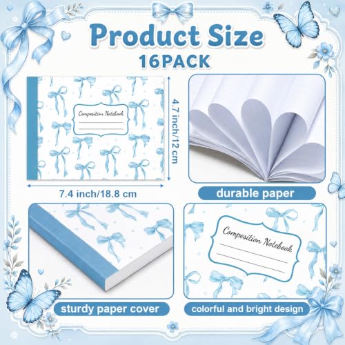 16 Pack Mini Composition Notebooks Bulk College Ruled 7.4'' x 4.7'' Blue Bow Half Size Composition Books 80 Pages Small Pocket Journal Books Back to School Gift for Student Teacher Office Supplies - color: Blue Bow