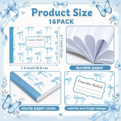 16 Pack Mini Composition Notebooks Bulk College Ruled 7.4'' x 4.7'' Blue Bow Half Size Composition Books 80 Pages Small Pocket Journal Books Back to School Gift for Student Teacher Office Supplies - color: Blue Bow