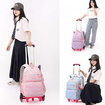 Mfikaryi 3PCS Girls Rolling Backpack Elementary Student Schoolbag Travel Trolley Bag Wheeled Bookbag with Lunch Box - color: 3pcs-black-6 Wheels