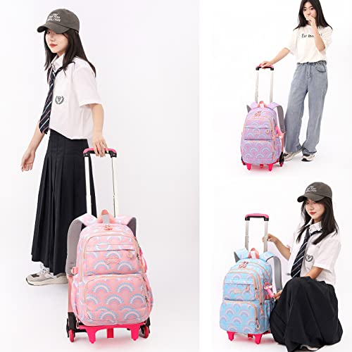 Mfikaryi 3PCS Girls Rolling Backpack Elementary Student Schoolbag Travel Trolley Bag Wheeled Bookbag with Lunch Box - color: 3pcs-blue-6 Wheels