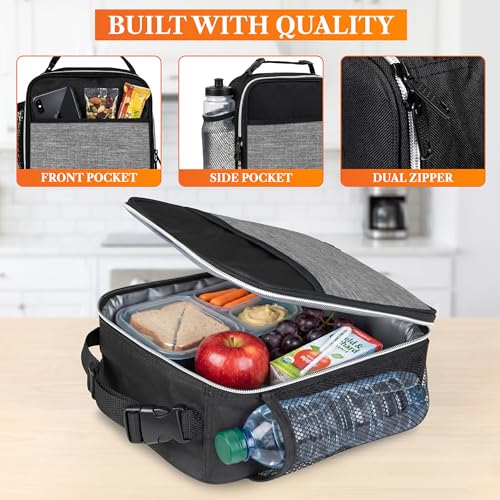 opux Insulated Lunch Bag for Kids Boys Girls, Small Compact Lunch Box with Wide Opening & Mesh Pockets, Reusable Lunch Pail for School, Work, Adults, Men, Women, Heather Grey - color: Heather Gray