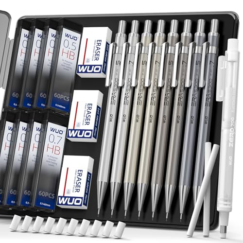 WUO 0.5&0.7mm Mechanical Pencil Set with Eraser Pen, 8PCS Metal Mechanical Pencils, 480 HB Lead Refills, 3PCS 4B Erasers, 10PCS Eraser Refills for Writing, Drafting, Drawing & Sketching