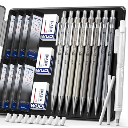 WUO 0.5&0.7mm Mechanical Pencil Set with Eraser Pen, 8PCS Metal Mechanical Pencils, 480 HB Lead Refills, 3PCS 4B Erasers, 10PCS Eraser Refills for Writing, Drafting, Drawing & Sketching