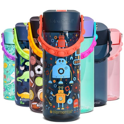 Elemental Water Bottles for Kids - Splash Kids Water Bottle for School with Pop-it Handle - BPA Free Tritan Plastic Water Bottle with Straw Leak Proof when Spout is Closed - Blue Robot - 18oz - color: Blue Robot