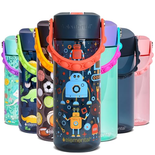 Elemental Water Bottles for Kids - Splash Kids Water Bottle for School with Pop-it Handle - BPA Free Tritan Plastic Water Bottle with Straw Leak Proof when Spout is Closed - Blue Robot - 18oz - color: Blue Robot