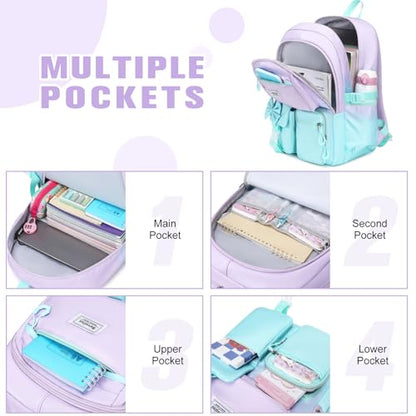 Bevalsa Backpack for Girls, Bow Bookpack with Bento Lunch Box, Insulated Bag & Utensils, 34oz Lunch Containers School Bags Set for Children Teens Kids Elementary Middle school Student (Purple-Green) - color: Purple-green