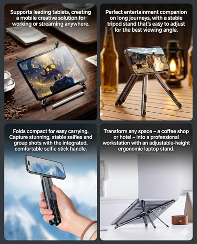 4-in-1 Foldable Laptop Stand, Magnetic Phone Holder & Multi-Angle Tablet Riser, 8-Level Ergonomic Height Adjustable Aluminum Travel Stand Compatible with MacBook, iPad, iPhone, Gunmetal Grey