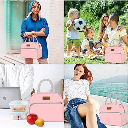 Coobiiya Lunch Bag for Women Men, Insulated Reusable Picnic Bag, 10.8"L x 6.3"W x 8.85"H, Pink - color: Pink