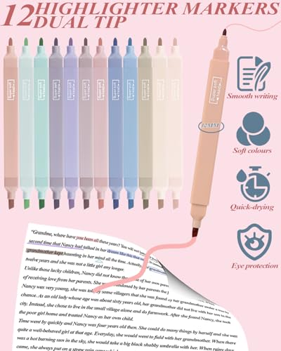 54Pcs Aesthetic School Supplies Set with Large Pastel Pencil Case 12 Dual Tip Highlighters, 6 Gel Pens, 5 Black Pens, 5 Mechanical Pencils (0.5-2.0mm) for Students Stationary College Essentials Gifts - color: Pink