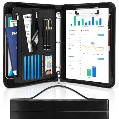 Padfolio Portfolio Organizer Binder with Zipper and Hidden Handle, PU Leather Portfolio Folder for Documents, Business Card Holder, Notepad Padfolio for Men&Women (Black) - color: Black