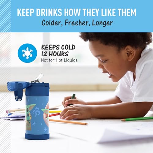 THERMOS FUNTAINER Water Bottle with Straw - 12 Ounce - Kids Stainless Steel Vacuum Insulated Water Bottle with Lid, Mandalorian The Child - color: Mandalorian The Child