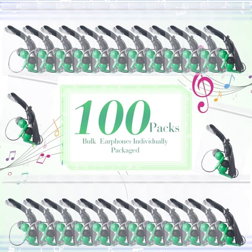 Kanayu 100 Pack Wired Earbuds Bulk for Classroom Ear Headphones Wired Basic Student Earbuds No Microphone with 3.5MM Jack for Class Laptop School Library, Individually Bagged (Green) - color: Green