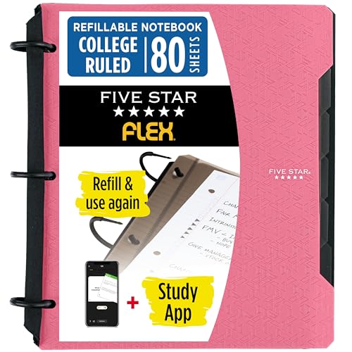 Five Star Flex Refillable Notebook + Study App 1.5 Inch O-Rings Binder with Pockets Tabs and Dividers, 300 Sheet Capacity, Includes 80 Sheets 8.5" x 11" College Ruled Paper, Prom Pink (293240R) - color: Prom Pink, size: 1 Pack