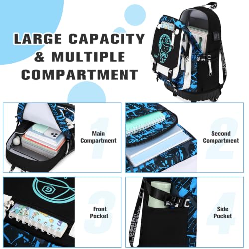 Bevalsa Rolling Backpack for Boys, Roller Backpack with Wheels, Wheeled School Bag with Sling Bag, Lunch Box & Pen Case for Kids Children Teens Elementary Middle Student Glow In The Dark - color: Blue