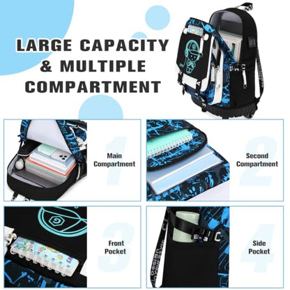 Bevalsa Rolling Backpack for Boys, Roller Backpack with Wheels, Wheeled School Bag with Sling Bag, Lunch Box & Pen Case for Kids Children Teens Elementary Middle Student Glow In The Dark - color: Blue