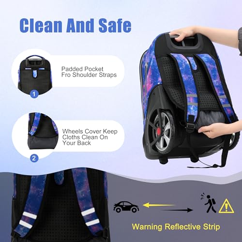 NEW TILAMI 19 Inch Rolling Backpack with Lunch Bag for Girls Boys Wheeled Laptop Backpack Durable Carry-on Bag School Travel, Star Violet - color: Purple Star Violet