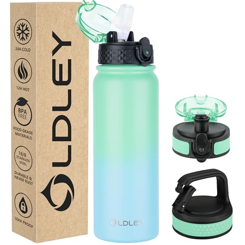 Oldley Insulated Water Bottle 20oz Water Bottles with Straw, Stainless Steel Water Bottle with 3 Lids, Double Wall Vacuum Bottles for Adult Kids, Sports Bottles for School Travel, Leaf Green-Blue - color: Leaf Green -Blue, size: 20 Ounces
