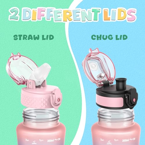 OLDLEY Kids Water Bottle for School, 12 oz (2 lids) BPA-Free Reusable Leak-proof Durable Tritan Plastic Bottles with Straw & Chug Lids, Anti-dust Spout Cover (Pink Blue) - color: A-Pink Blue, size: 12 Ounces