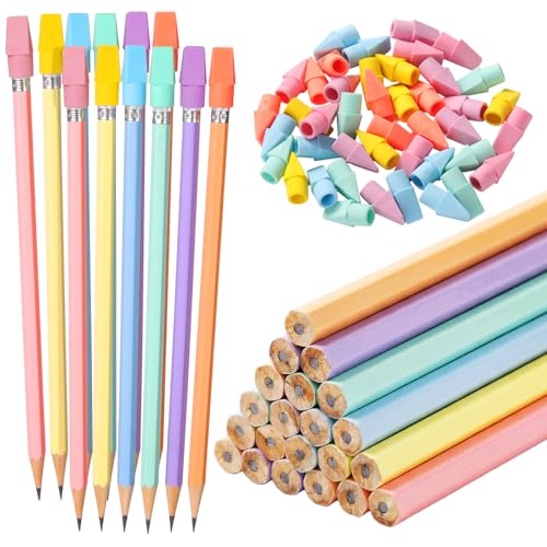 Gersoniel 24 Pack Pastel Macaron No.2 HB Pencils with 48 Eraser Caps, Aesthetic Cute Wooden Unsharpened Writing Pencils Bulk for Journaling, Planning, Office and Creative Workspaces - color: macaron Colors