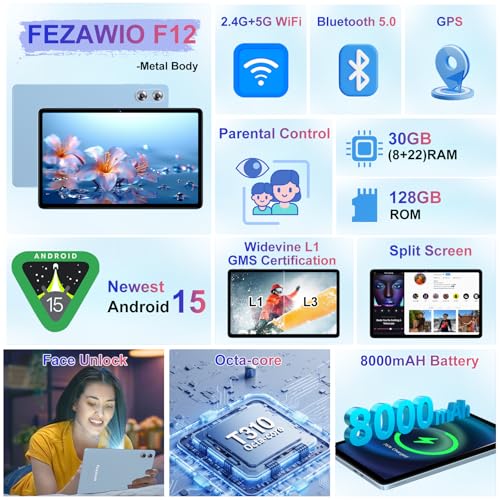 Android 15 Tablet 30GB+128GB+1TB Expand, 2026 10.1 Inch Octa-Core 8000mAh Electronics Tablets with Keyboard Mouse, Gemini AI, 5G WiFi, 1280x800 IPS Touchscreen, GPS, BT5.0, Widevine L1 -Metal Blue - color: Blue