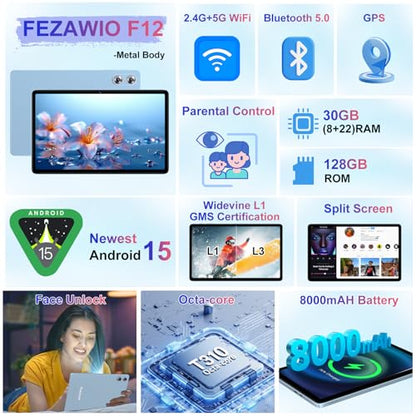 Android 15 Tablet 30GB+128GB+1TB Expand, 2026 10.1 Inch Octa-Core 8000mAh Electronics Tablets with Keyboard Mouse, Gemini AI, 5G WiFi, 1280x800 IPS Touchscreen, GPS, BT5.0, Widevine L1 -Metal Blue - color: Blue