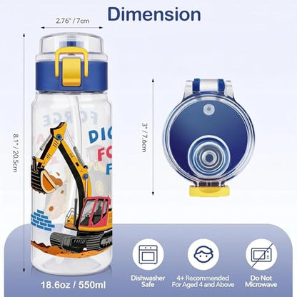 Tritan Kids Water Bottle for School, 18.6 oz Leakproof 2-in-1 Toddler Water Bottle with a Pop-up Detachbale Straw, Dishwasher Safe (Construction Truck) - color: Construction Truck