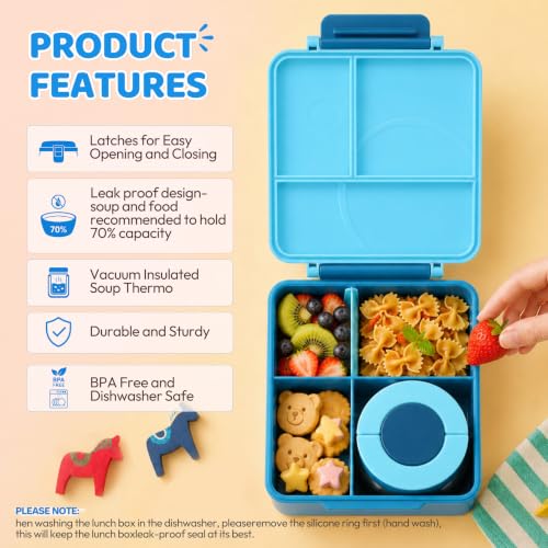 Itslife Bento Lunch Box for Kids with 8oz Soup Thermo&Lunch Bag, Leak-Proof Lunch Food Containers with 4 Compartment, Hot Food Insulated Food Jar for Kids School (Blue) - color: Blue