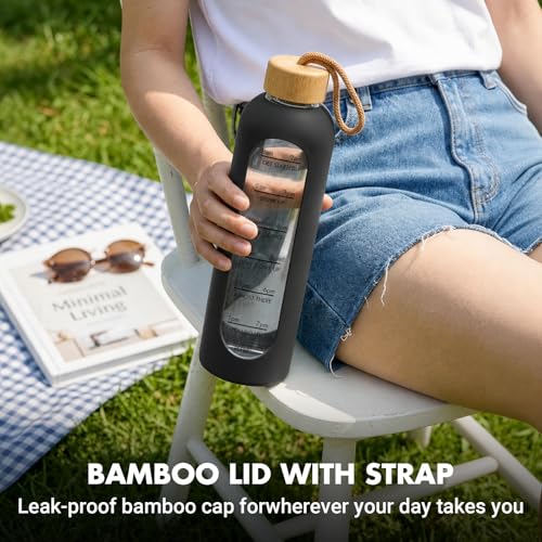 32 OZ Glass Water Bottles, Borosilicate Glass Bottle with Time Marker, 1 Liter Leak Proof Reusable BPA Free Motivational Water Bottles with Silicone Sleeve and Bamboo Lid (Black) - color: Black