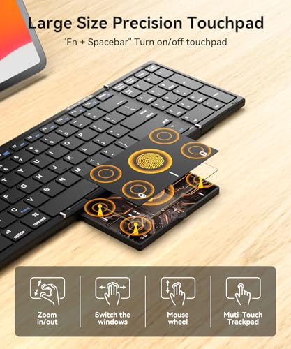 Foldable Bluetooth Keyboard with Touchpad & Number Pad, 3 Devices (2.4G+BTx2) Fold Portable Keyboard, Full Size Key Large Trackpad Wireless Travel Rechargeable Keyboards for Android Windows iOS Tablet