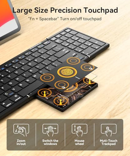 Foldable Bluetooth Keyboard with Touchpad & Number Pad, 3 Devices (2.4G+BTx2) Fold Portable Keyboard, Full Size Key Large Trackpad Wireless Travel Rechargeable Keyboards for Android Windows iOS Tablet