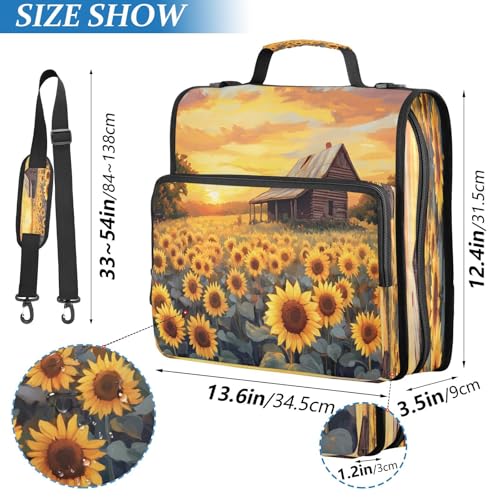 3 Ring Zipper Binder Wooden House Sunflower Binders Bag with Shoulder Strap 500 Sheets Paper Organizer Trapper Keeper Documents Storage File Folder for School Office - color: A496