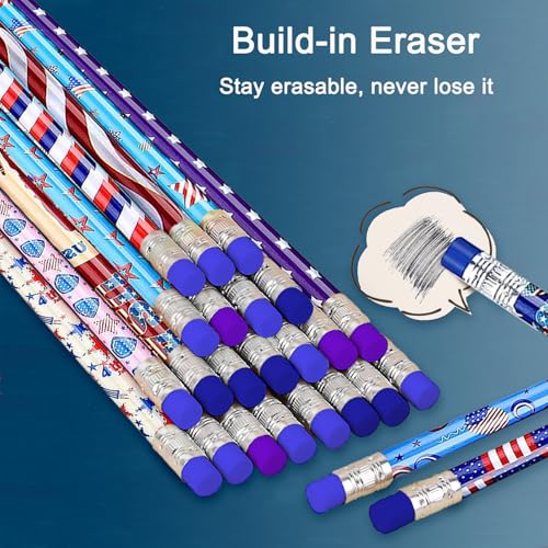 American Flag Themed Wood Pencils with Eraser, 48pcs Patriotic Pencils in 12 Designs, USA Flag Gifts Pencil for 4th of July USA Independence Day Parades Party Favors School Office Supplies