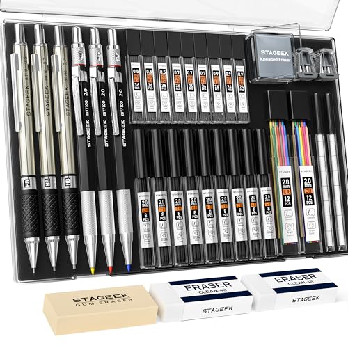 STAGEEK Mechanical Pencil Set with Case 34 Count, Drawing Pencils 0.5, 0.7, 0.9MM & 3PCS 2MM Sketching Pencils with 384PCS Lead Refills (6B 4B 2B HB 2H 4H Color) for Artist Drafting Drawing Writing - style: 0.5, 0.7, 0.9, 2MM