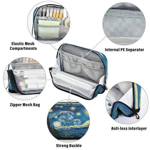 The Starry Night Art Pencil Case Organizer, Large Capacity Stand-Up Pen Pouch with 3 Compartments, Foldable Makeup Bag for School Office Travel Supplies, 8.3 x 5.9 Inch - color: Starry Night