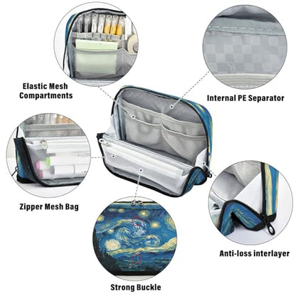 The Starry Night Art Pencil Case Organizer, Large Capacity Stand-Up Pen Pouch with 3 Compartments, Foldable Makeup Bag for School Office Travel Supplies, 8.3 x 5.9 Inch - color: Starry Night