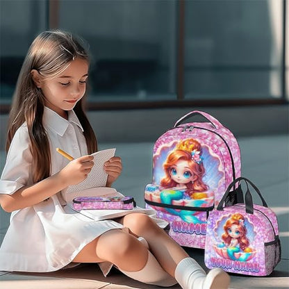 COZYAURA Personalized Mermaid Backpack for Girls with Custom Name - 3-Piece School Bag Set with Insulated Lunch Box & Pencil Case for Kindergarten & Elementary Students - color: Blue