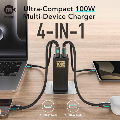 MFish 100W USB-C Charger with Extension Line, Fast Laptop GaN Charging, 4-Port USB-C & USB-A Wall Charger Power Adapter Ports for MacBook, Dell XPS, iPhone 17/16/15 Pro Max, Tablet 6-in-1 Power Strip