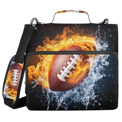 Football Print 3 Ring Zipper Binder with Shoulder Strap & Handle 3 Inch D-Ring Zippered Bag with Pencil Pouch,Multiple Pocket & Expanding File Folder, Binder Organizer for School or Office - color: Football Black